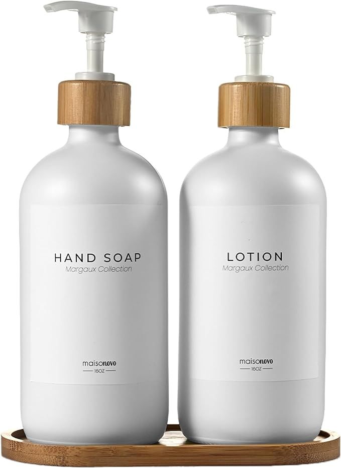 MaisoNovo White Glass Soap Dispenser with Bamboo Tray | Soap Dispenser Bathroom Set of 2 | Hand S... | Amazon (US)