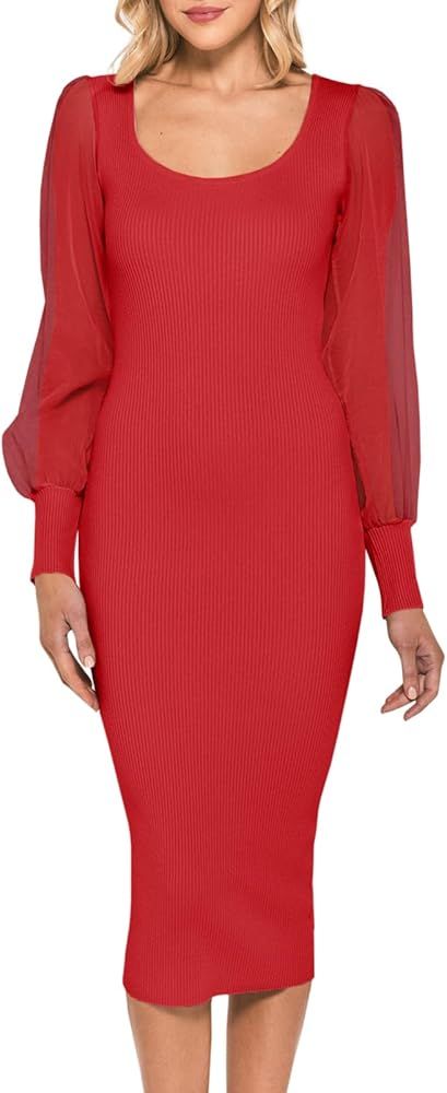 Wenrine Women's Sexy Mesh Long Sleeve Midi Dresses Fall Bodycon Crew Neck Knitted Dress | Amazon (US)