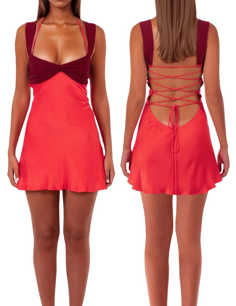 Women’s Mini Dress Patchwork Sleeveless Strapless Lace Up High Waist A-line Elegant Party Clubw... | Amazon (US)