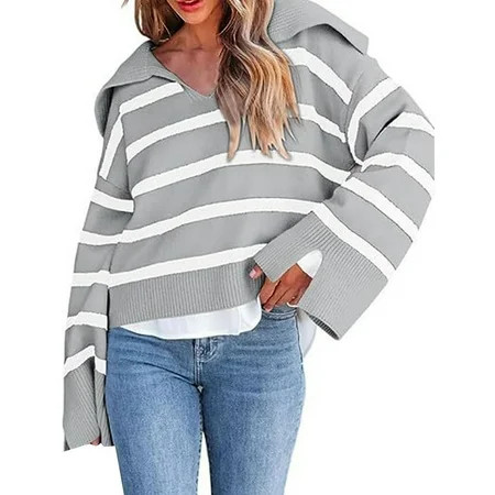 Gray Women s Sweater Acrylic Striped Sweater Women s Sweater With Large Lapel Striped Color Matching Knit Top M | Walmart (US)