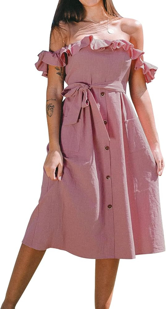 CUPSHE Women's Off Shoulder Tie Waist Ruffle Smocking Tea Length A Shape Dress | Amazon (US)