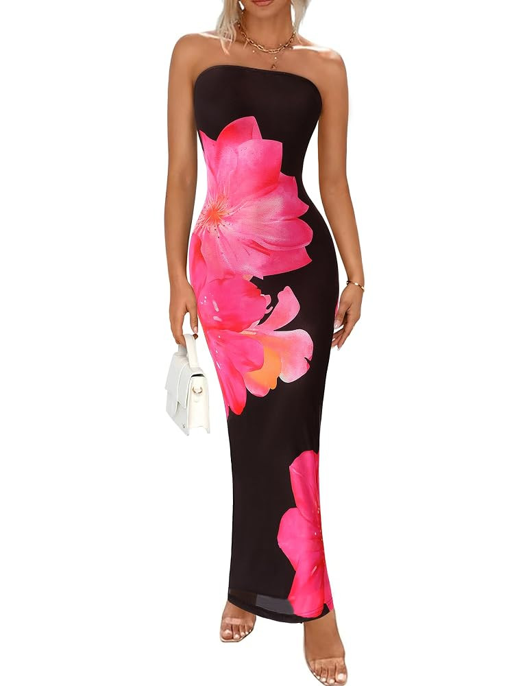 PRETTYGARDEN Women Summer Strapless Maxi Dress Bodycon Floral Sexy Long Wedding Guest Dress Forma... | Amazon (US)