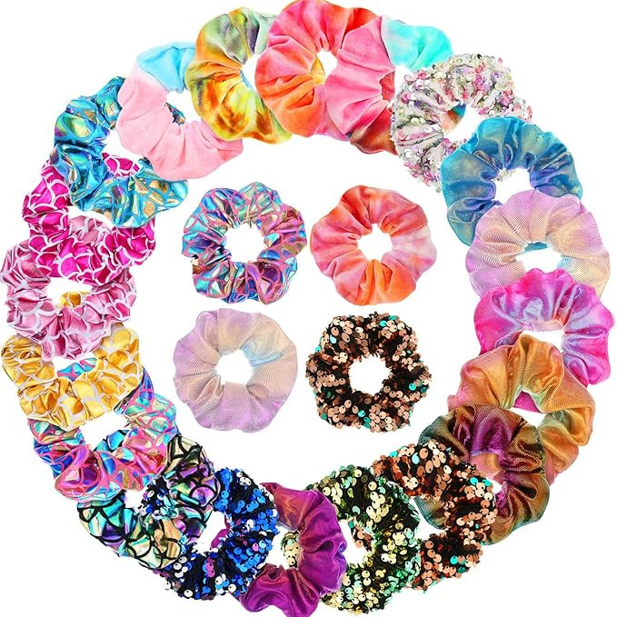 WILLBOND 20 Pcs Sequin Scrunchies Shiny Metallic Hair Tie Bands Sparkly Ropes Mermaid Elastic Scr... | Amazon (US)