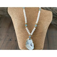 Oyster Necklace/Natural Oyster Shell Pendant + Wood & Sea Glass Necklace Boho Coastal Vibes Gold Pai | Etsy (US)