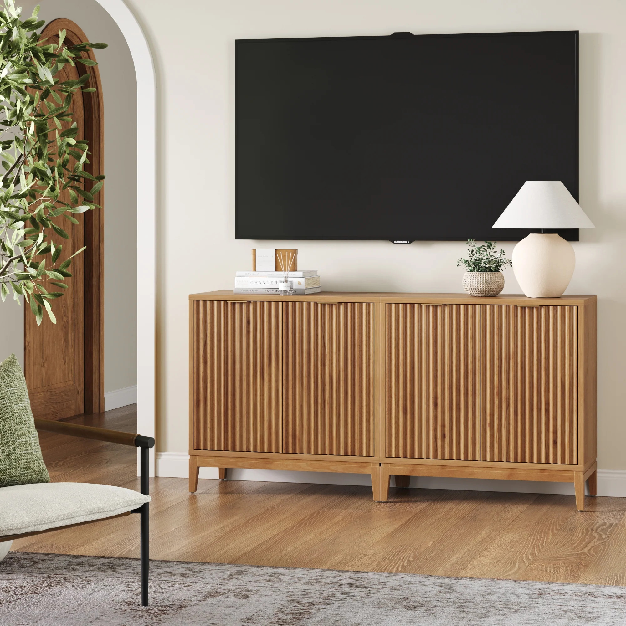 Mid-Century Fluted TV Console Credenza Warm Pine (Set of 2) | Nathan James