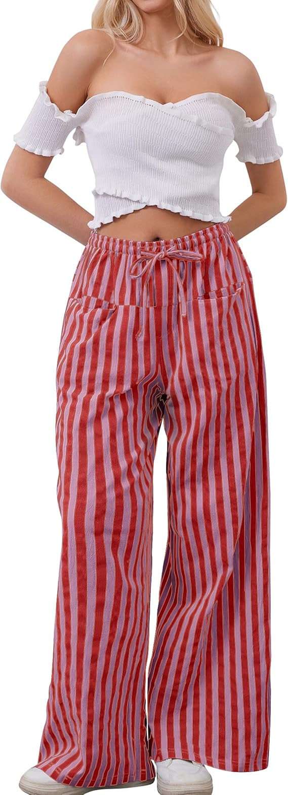 Women Drawstring Stripe Wide Leg Casual Trousers Striped Low Rise Casual Loose Lounge Pants with ... | Amazon (US)