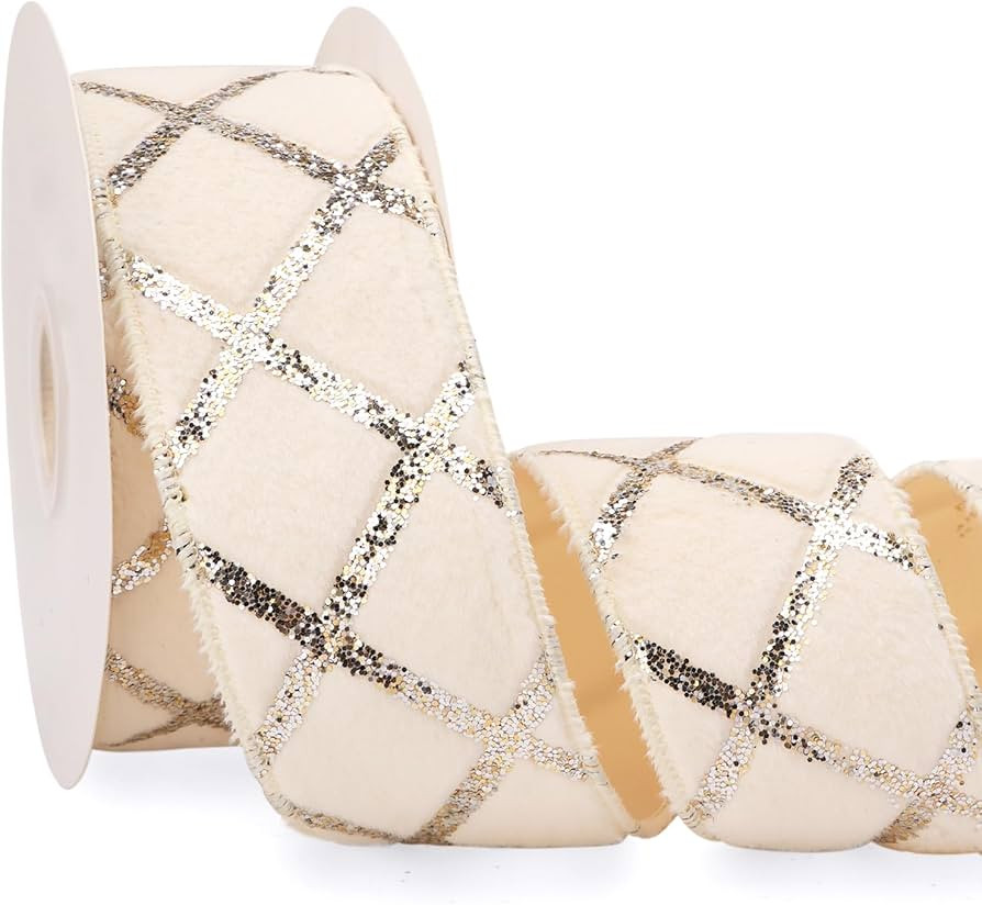 Ribbli Cream White Faux Fur Velvet Wired Ribbon with Glitter 2.5 Inch Fluffy Velvet Christmas Ribbon for Gift Wrapping Christmas Tree Decoration Crafts Wreaths Supplies-Continuous 10 Yards | Amazon (US)