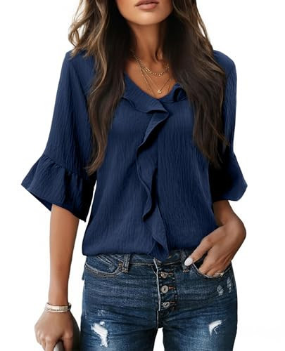 siliteelon Ruffle Blouse for Women 3/4 Sleeve Flowy Tops Ladies Dressy Casual Spring Summer Outfits Trendy 2026 Navy Blue 3XL | Amazon (US)