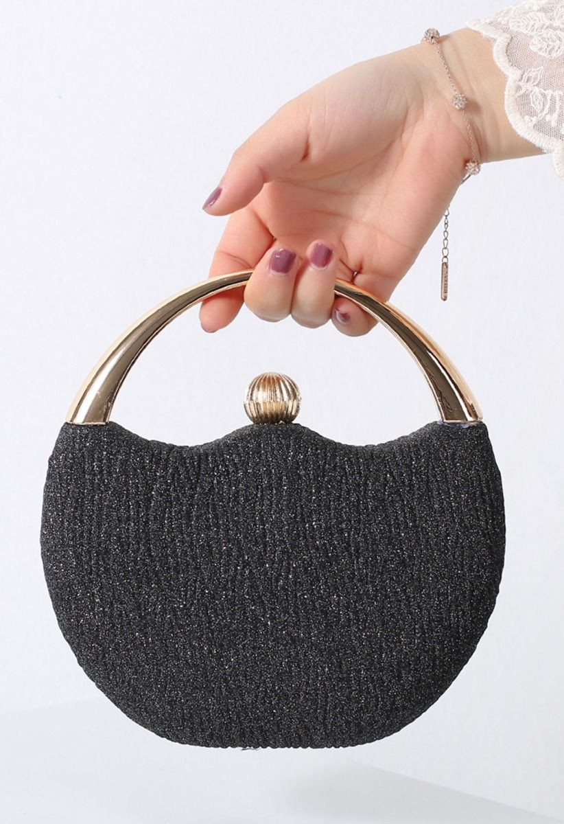 Elegance Round Handle PU Leather Clutch in Black | Chicwish