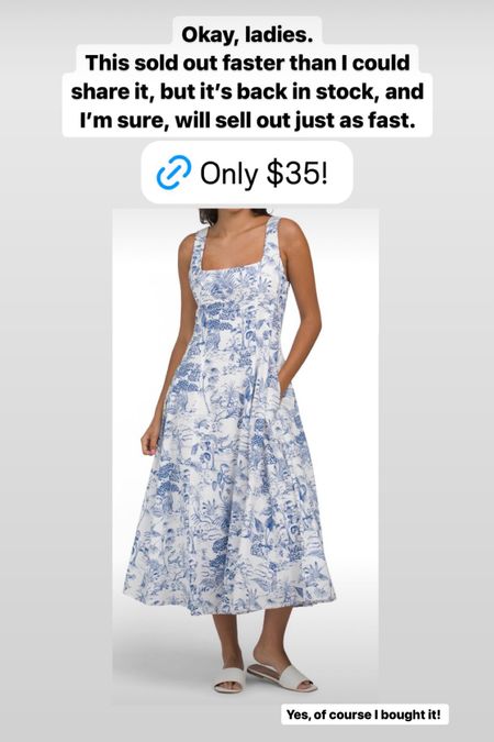 TTS! This blue and white toile dress with pockets is only $35 and will sell out quickly! (Cause it already did once!)

#LTKFindsUnder50 #LTKStyleTip