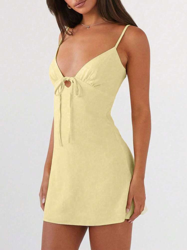 Sexy Hollow-Out Front Lace-Up V-Neck Bowknot Camisole Mini Dress, Summer New Arrival, Vacation Wear, Women Dress Party | SHEIN