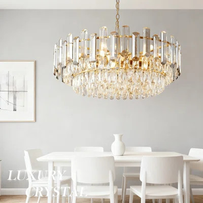 3-Tier Crystal Chandelier With 12 Lights, Gold Finish Modern Pendant Lighting For Dining Room, Living Room, Foyer, Dimmable With Height Adjustment | Wayfair North America