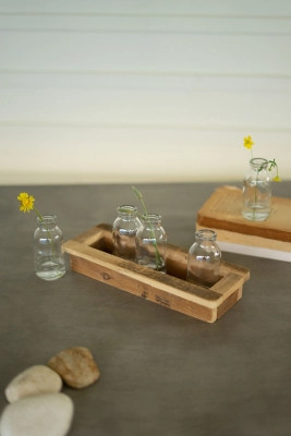 Set of Five Glass Bud Vases with Recycled Wood Base, Brown/Beige | Ashley Homestore
