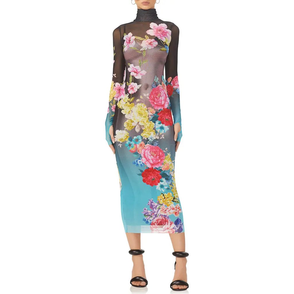 AFRM Shailene Long Sleeve Turtleneck Mesh Dress in Aqua Rose Nude at Nordstrom, Size X-Large | Nordstrom