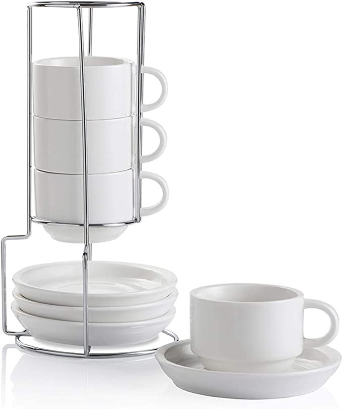 SWEEJAR Porcelain Espresso Cups with Saucers, 4 Ounce Stackable Cappuccino Cups with Metal Stand ... | Amazon (US)