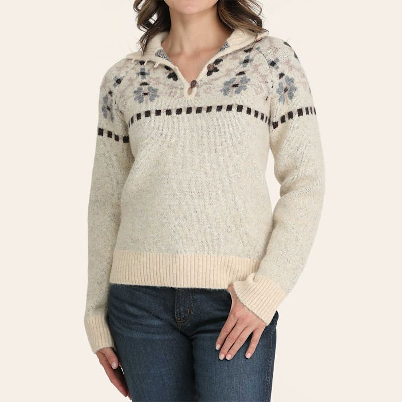 Cinch Women's Cream Floral Print Mock Neck Button Sweater | Cavender's