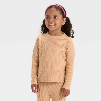 Toddler Girls' Cozy Ribbed Top - Cat & Jack™ Light Sand Brown 18M | Target