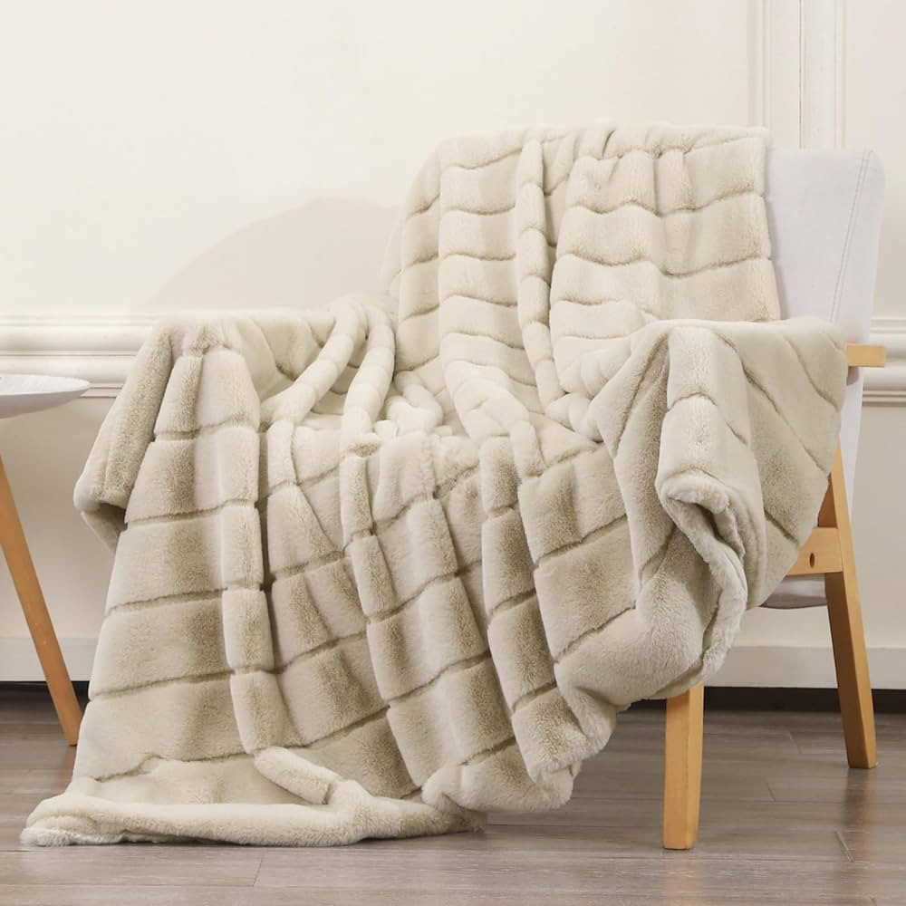 LuxenrelaX Striped Luxury Soft Faux Fur Blanket Throw Blanket for Bed, Beige Furry Fluffy Throw B... | Amazon (US)
