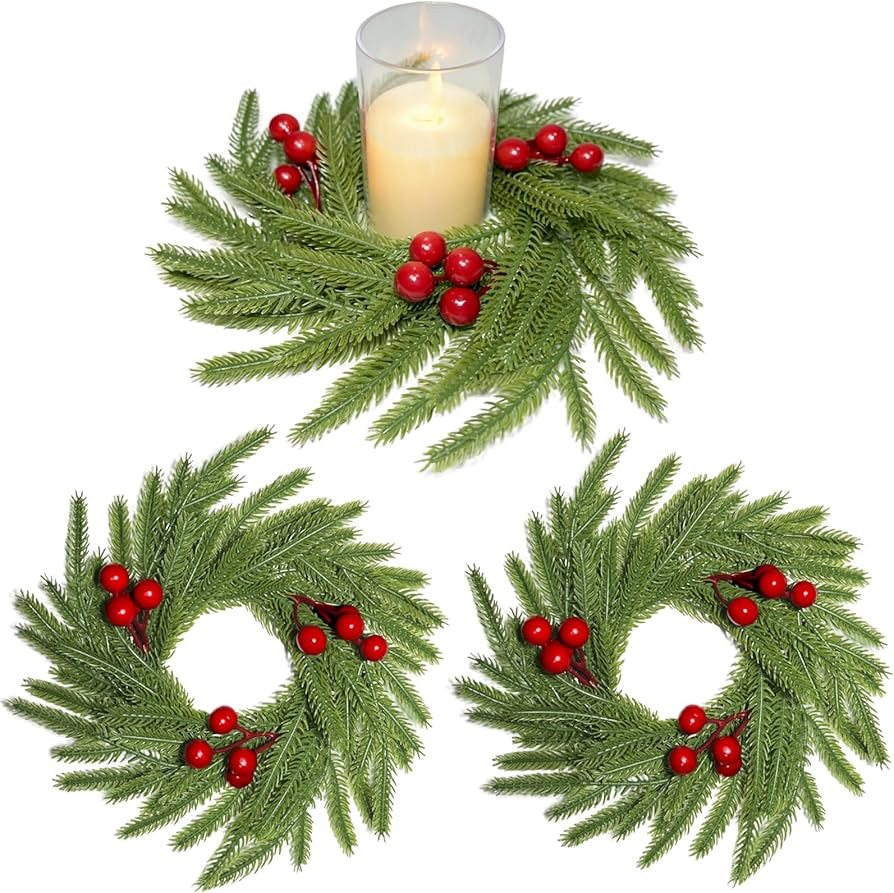 3Pcs Christmas Candle Rings Wreaths Artificial Norfolk Pine Branches Red Berry Branches Candle Ho... | Amazon (US)