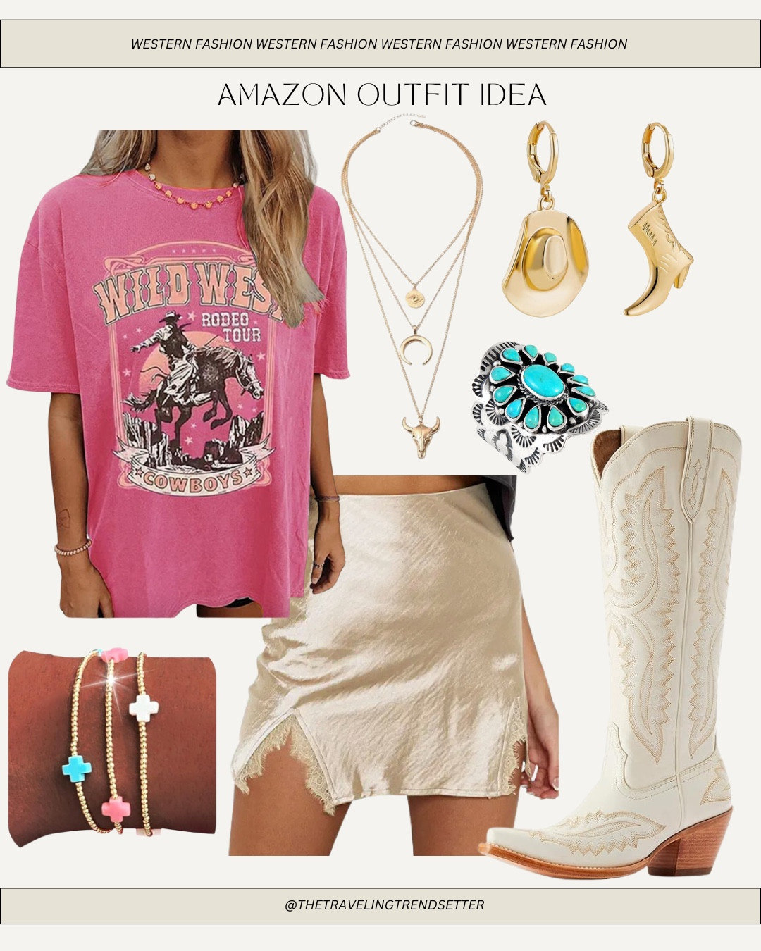 Amazon concert outfit idea, country western cowgirl, rodeo summer spring, how to sell a graphic tea, casual outfit date night
Cream, cowgirl, boots, white cowgirl, boots, jewelry, earrings, necklace bracelet, oversize tea 

#LTKStyleTip #LTKFindsUnder50 #LTKFindsUnder100