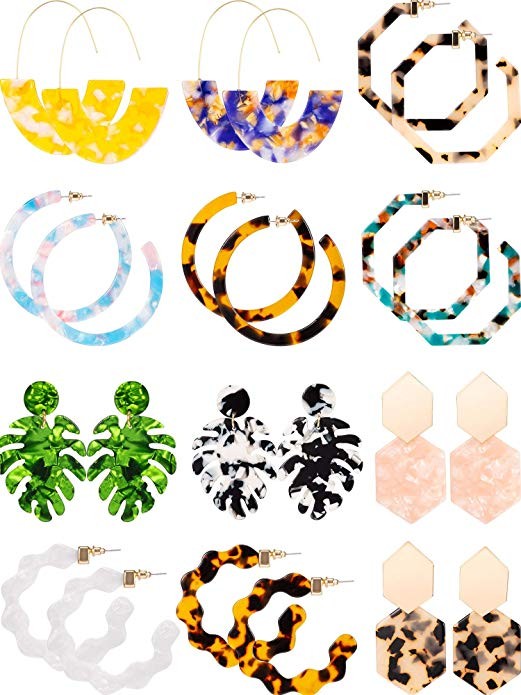 12 Pairs Acrylic Hoop Earrings Tortoise Earrings Mottled Statement Earrings Polygonal Drop Earrin... | Amazon (US)