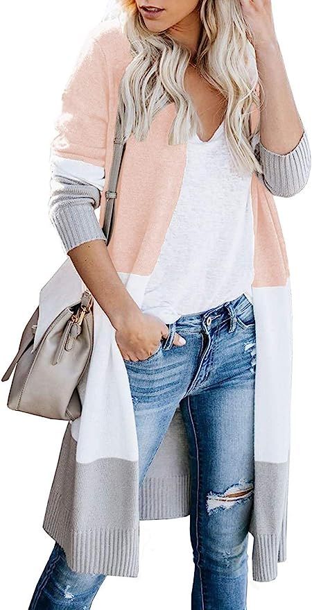 CARDYDONY Women's Long Cardigan Open Front Color Block Cardigan Knit Sweaters | Amazon (US)