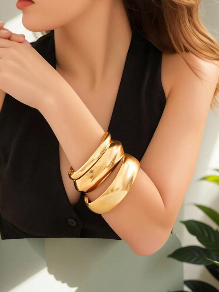 3 Pieces Set/2 Pieces Set Simple Retro Punk Big & Chunky Bangle Women Timeless Beauty Gold Cuff B... | SHEIN