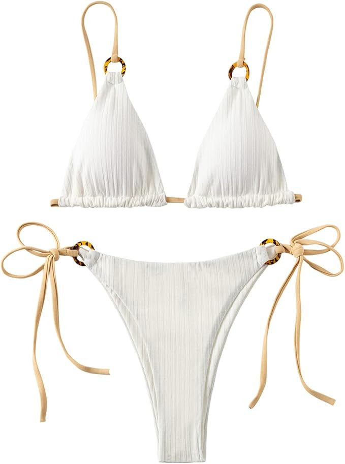 FEAPHY Women's Triangle String Bikini Ribbed O Ring Tie Side Two Piece Swimsuit | Amazon (US)