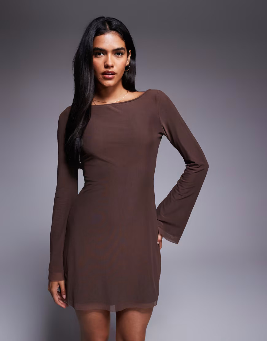 Princess Polly Lukea mesh flare sleeve open back mini dress in brown | ASOS (Global)