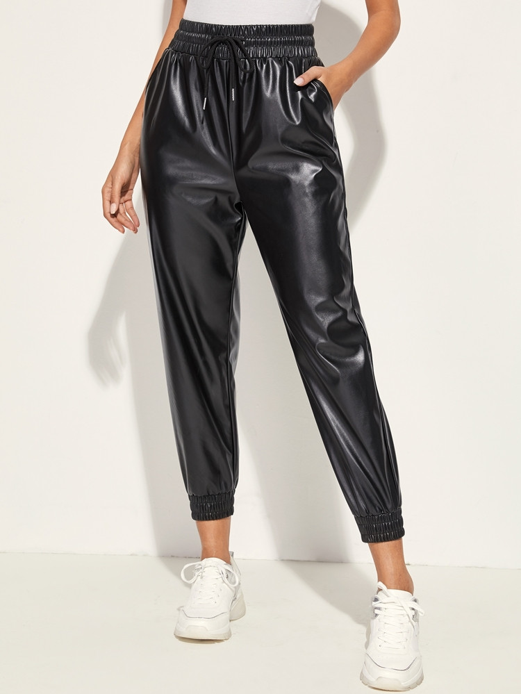 SHEIN Drawstring Waist PU Leather Pants | SHEIN