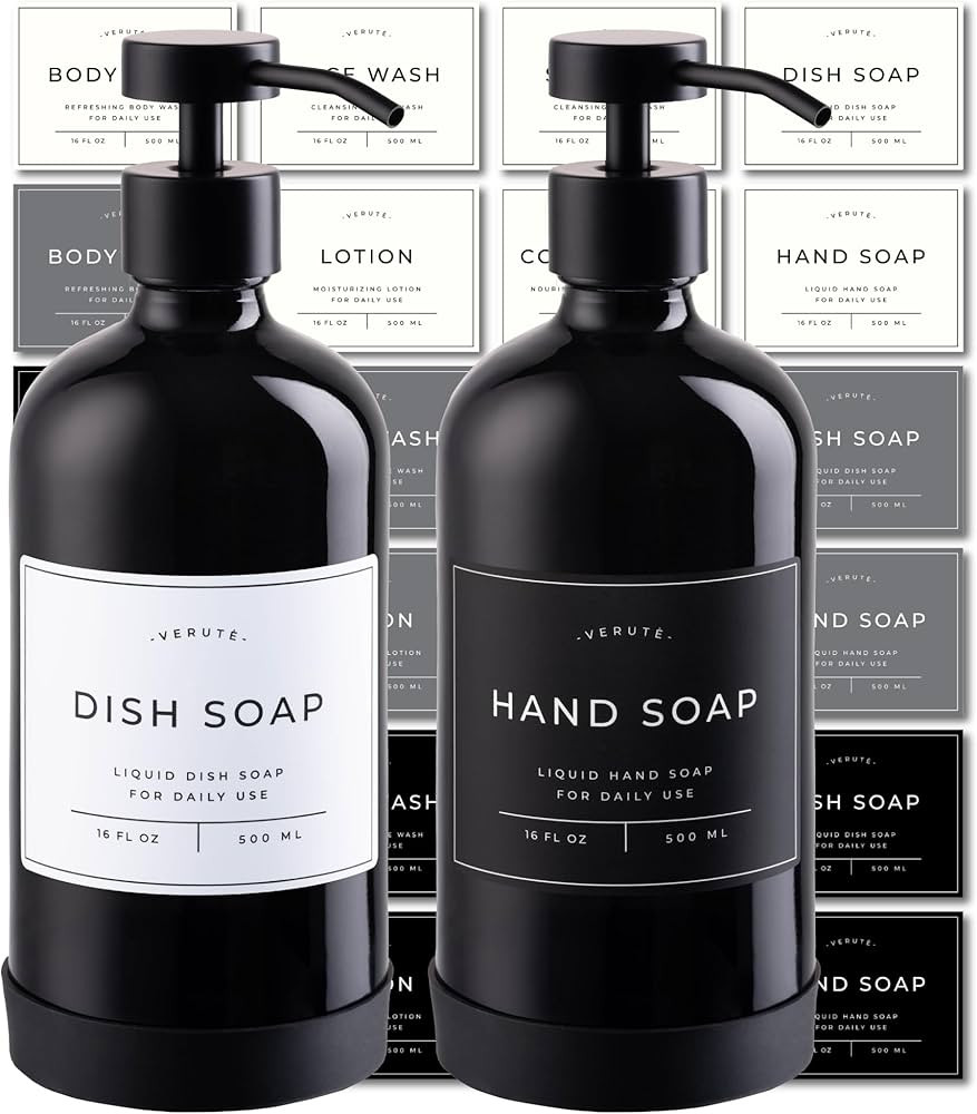 16oz Glass Soap Dispenser with Stainless Steel Pump, 21 Waterproof Labels, Non-Slip Protective Si... | Amazon (US)