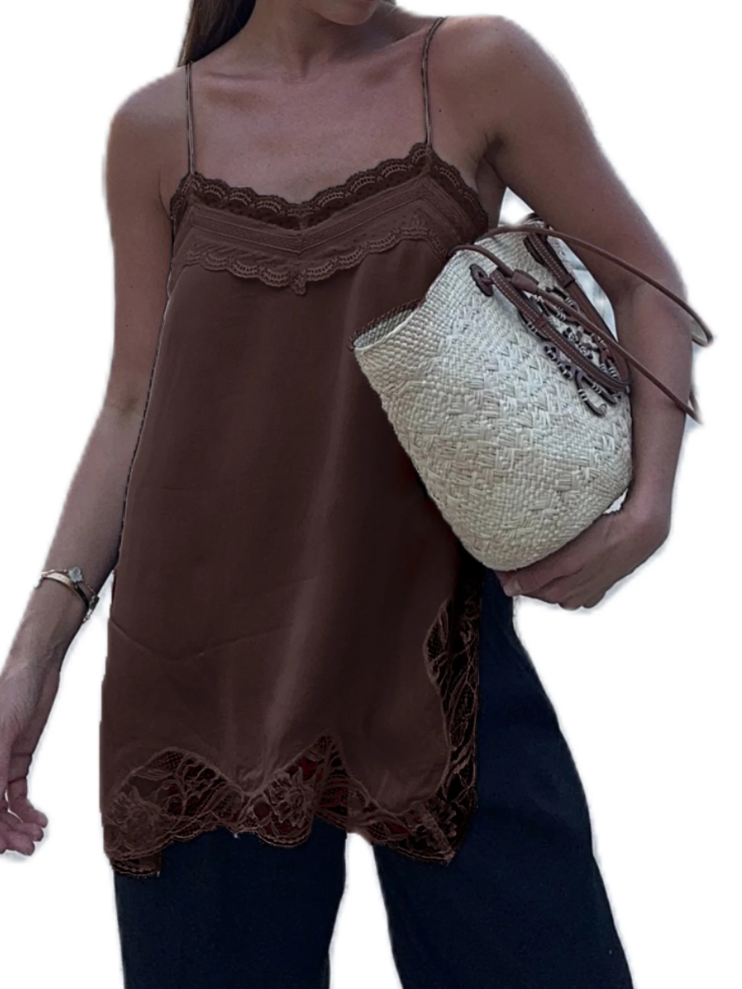 Women Y2k Lace Trim Cami Tops Silk Spaghetti Strap Camisole Top Side Slit Going Out Lace Tank Top... | Walmart (US)