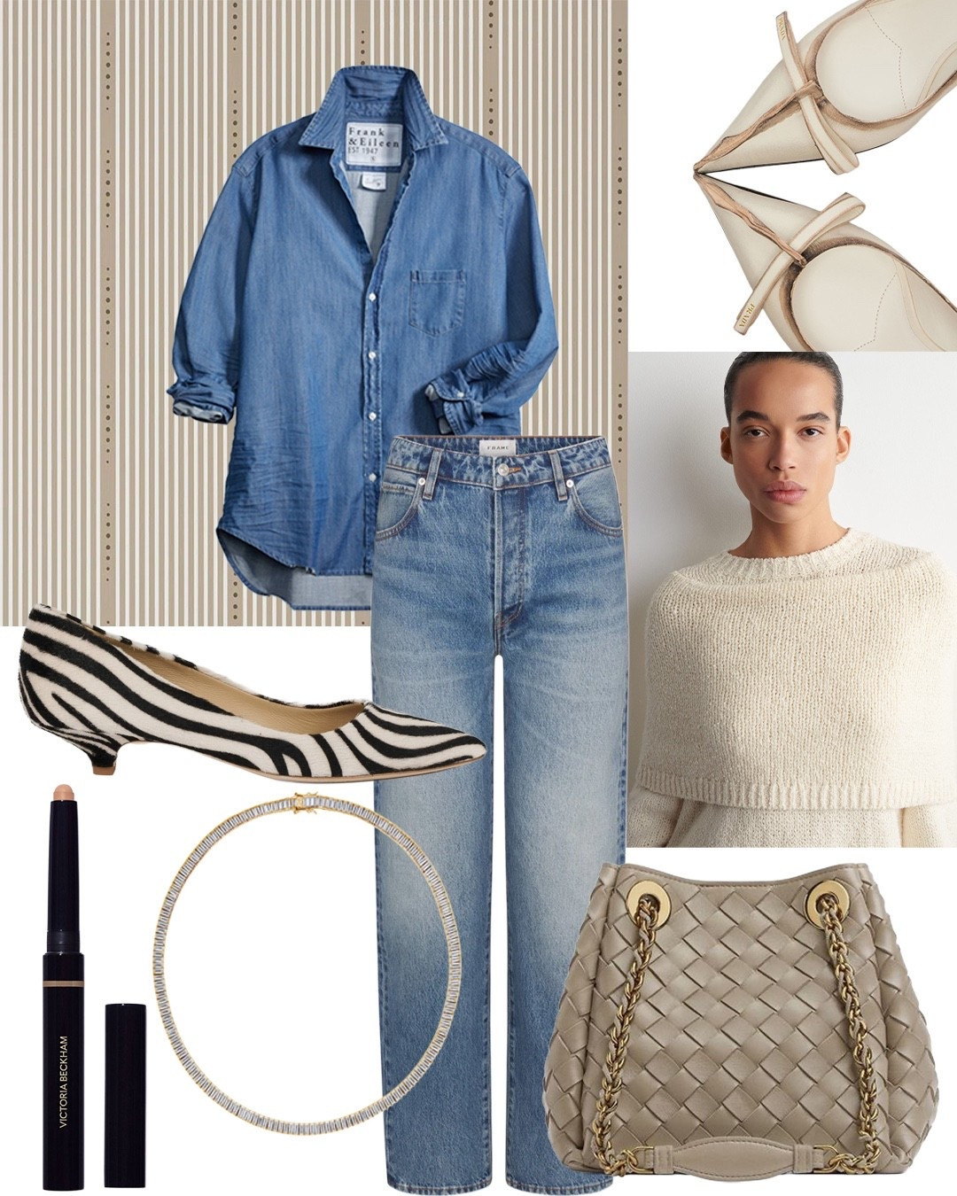 The easiest way to elevate denim on denim is through texture and tone. Layer a soft oatmeal sweater over the shirt or toss over shoulders for warmth and visual interest as we transition seasons. The personal statement comes from the accessories: zebra print kitten heels add an unexpected graphic element, while Bottega Veneta's woven bag anchors the look in quiet luxury. Dorsey's modern take on the classic Riviere tennis necklace with baguette cut white sapphires adds a refined detail.

For beauty, Victoria Beckham's Longwear Eyeshadow Stick in Trench is a sophisticated, waterproof formula that neutralizes red undertones while creating a clean, polished eye. It's become an everyday product for me, worn alone for a no-makeup look or as a base when I want to build more definition.

#LTKOver40 #LTKselfcare #LTKSeasonal