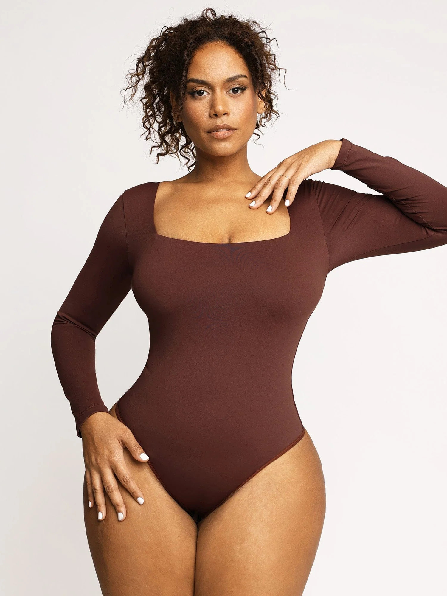 Shapewear Long Sleeve Square Neck Tummy Control Bodysuit - Brown / L | Popilush