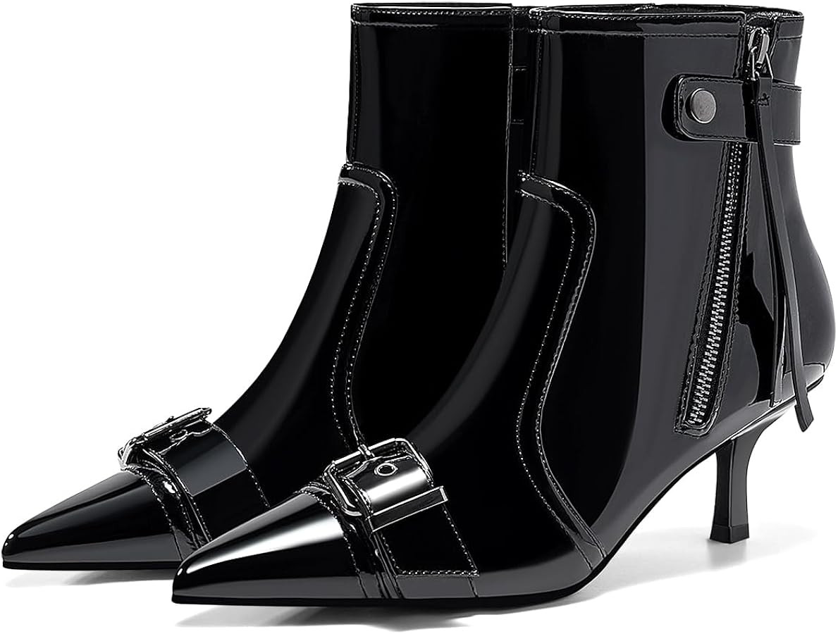 Coutgo Womens Kitten Heel Ankle Boots Pointed Toe Buckle Side Zipper Tassel Fall Winter Booties S... | Amazon (US)