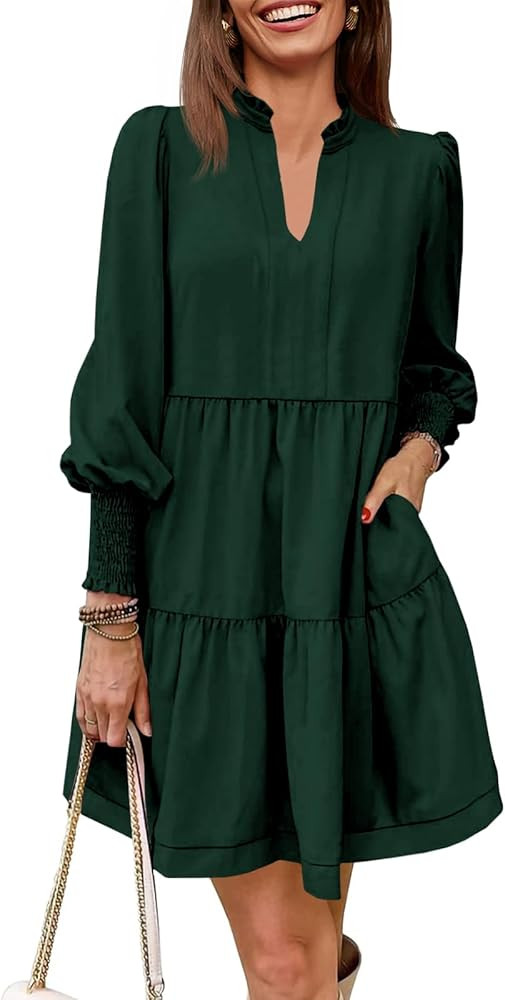 Imily Bela Womens Fall Long Sleeve Tunic Dress Casual V Neck Loose Ruffle Tiered Dress | Amazon (US)