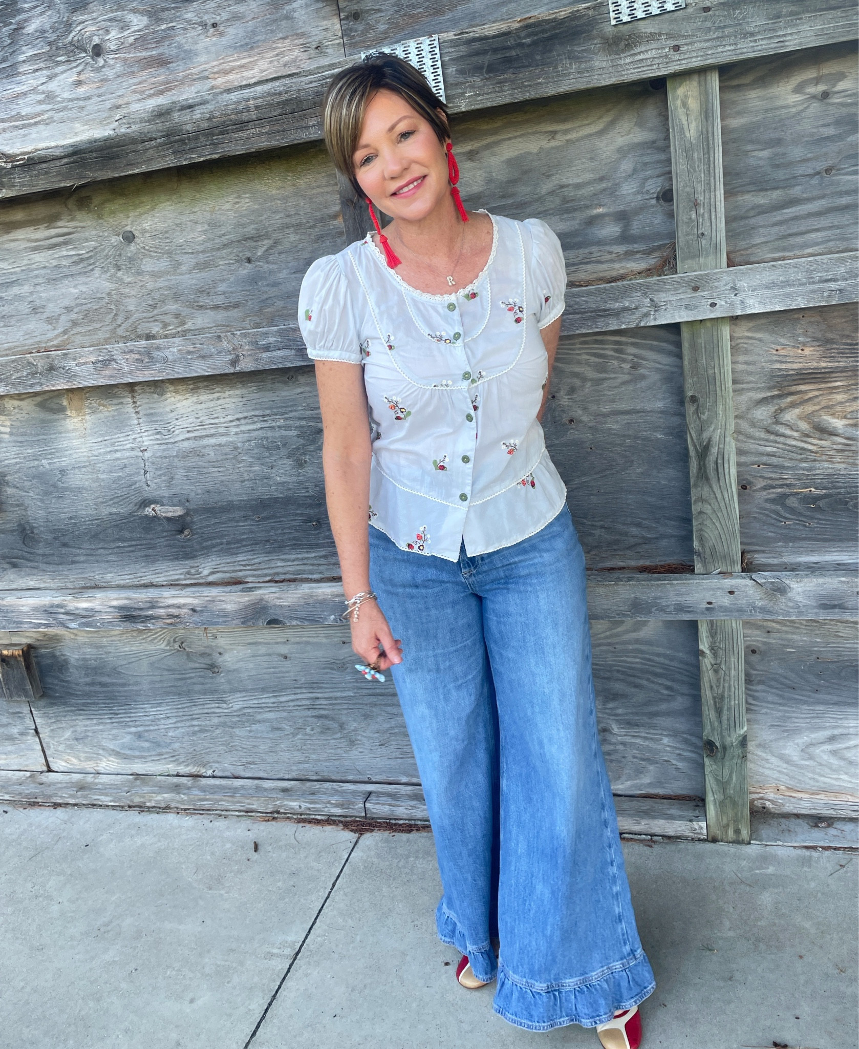 Ruffle hem flared jeans Anthropologie
Old lady bug blouse
Summer outfit
Casual Friday outfit 

#LTKSaleAlert #LTKStyleTip #LTKFindsUnder50