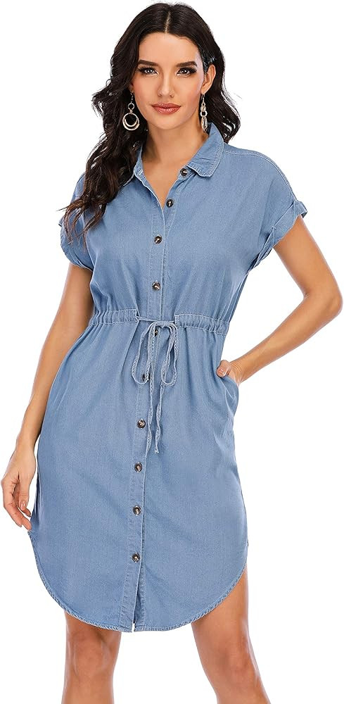 Love Welove Fashion Women's Summer Denim Cotton Shirt Dress Short Sleeves Knee Length Button Down Ca | Amazon (US)