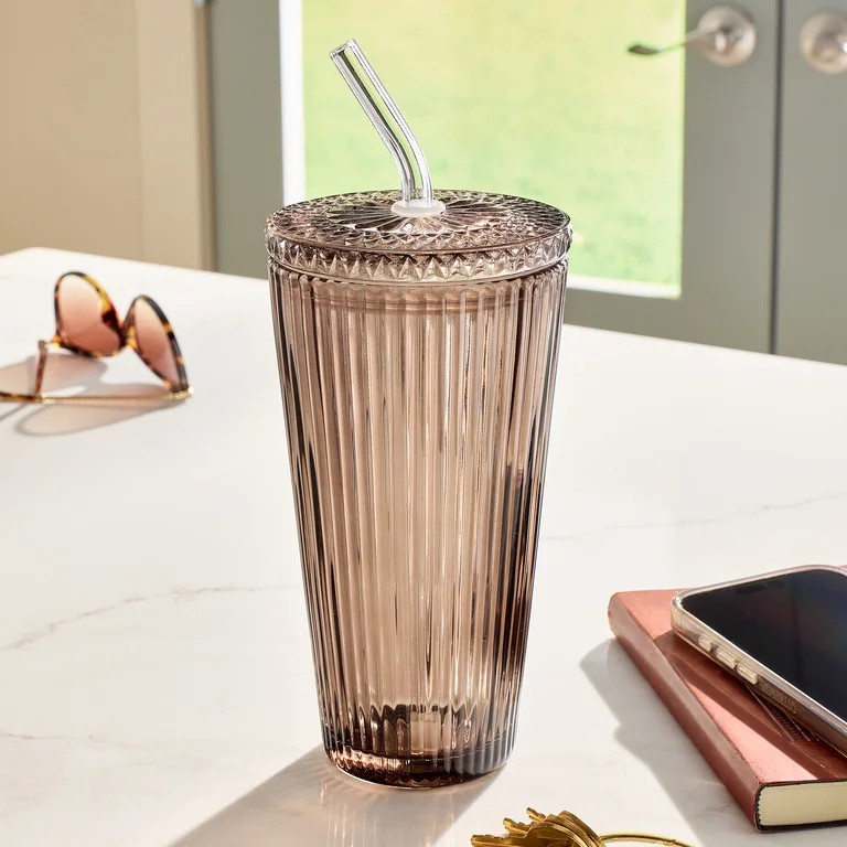 Better Homes & Gardens 21 oz Brown Ribbed Glass Tumbler with Glass Lid and Straw | Walmart (US)