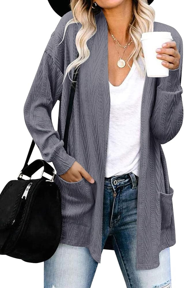 Kikula Women's Long Sleeve Cardigans Lightweight Casual Cable Knit Open Front Sweaters with Pockets | Amazon (US)