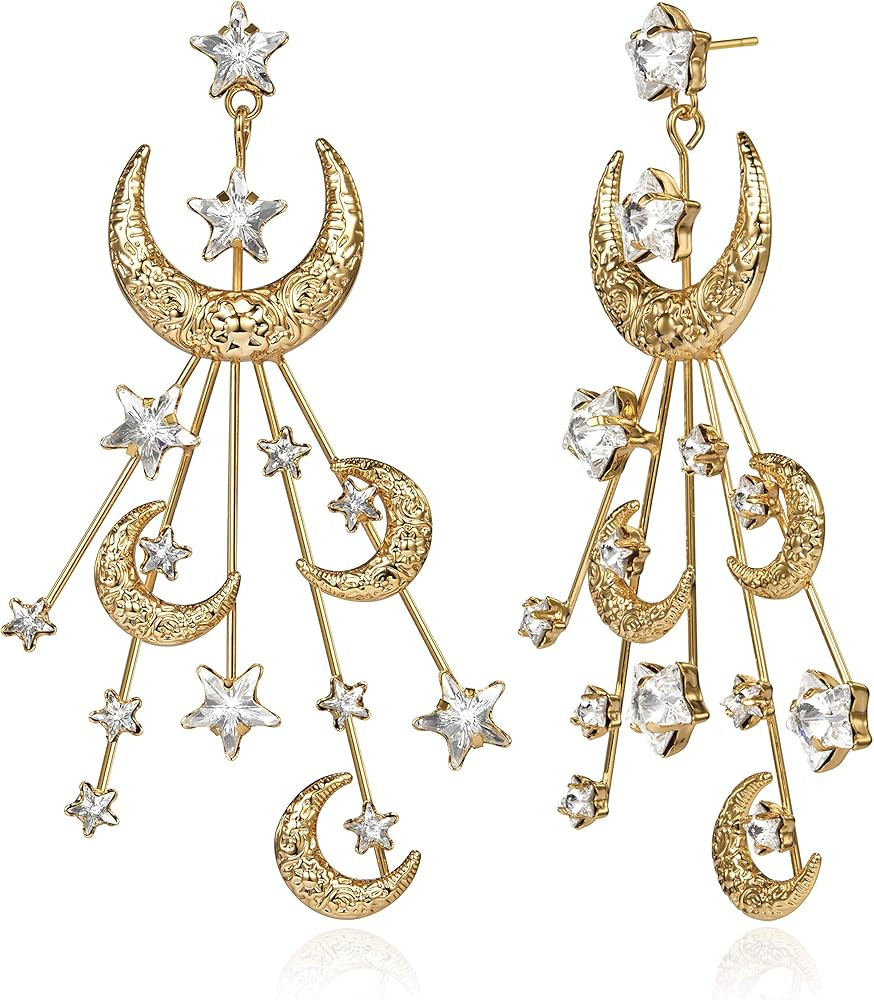 Star Moon Earrings Made Swarovski Crystal Gold Plated Crescent Moon Stars Drop Dangle Mother's Da... | Amazon (US)
