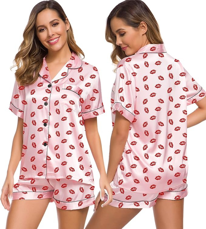 SWOMOG Womens Silk Satin Pajamas Set Two-piece Pj Sets Sleepwear Loungewear Button-Down Pj Sets | Amazon (US)