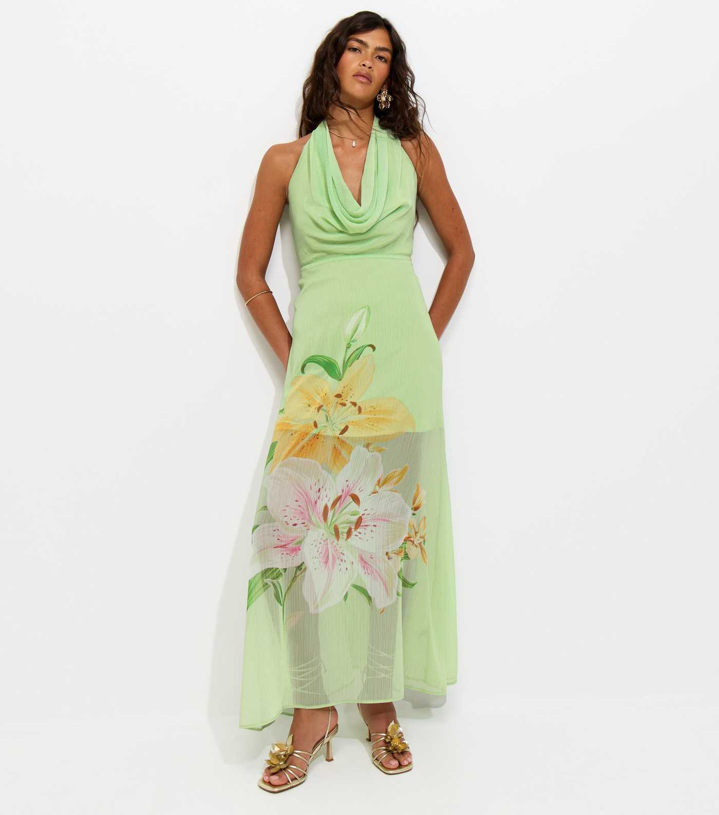 Green Lotus Print Cowl Neck Halter Midi Dress | New Look | New Look (UK)