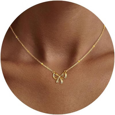 Gold Bow Pendant Necklace for Women, 14K Gold Plated CZ Bead Choker Christmas Gift gold-bead bow necklace-style 5 | Target