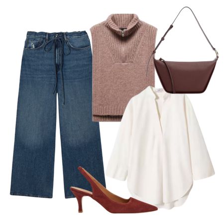 Modest outfit styling extra wide leg jeans, oversized shirt, gilet, slingback heels and bag

#LTKplussize #LTKstyletip