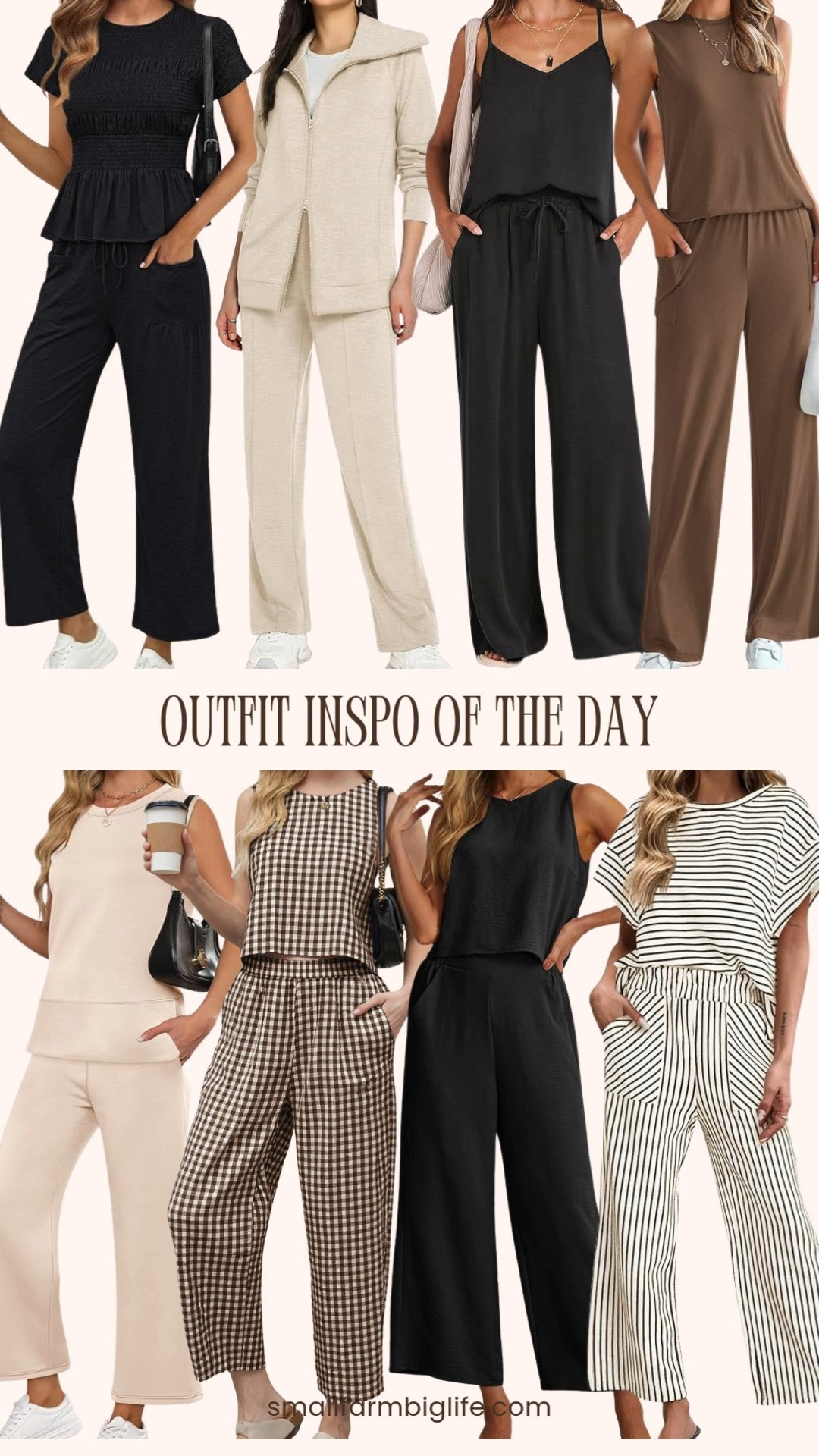 Outfit Inspo of the Day | Amazon Finds
Neutral two piece sets are such an easy way to look put together with minimal effort. From sleeveless tanks and smocked tops paired with wide leg pants to cozy zip front sets and gingham details, these Amazon finds are perfect for casual days, errands, and travel. Save this for comfortable outfit inspiration you’ll reach for again and again ✨ 

 #LTKootd #LTKOver40 #LTKTravel