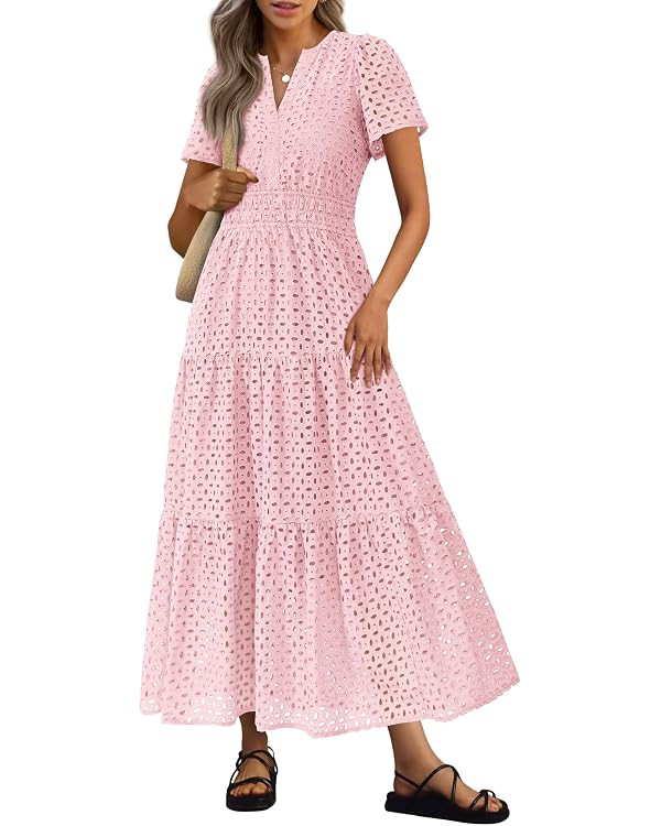 PRETTYGARDEN Womens 2026 Summer Maxi Dress Short Sleeve V Neck Hollow Out Eyelet A Line Long Flow... | Amazon (US)