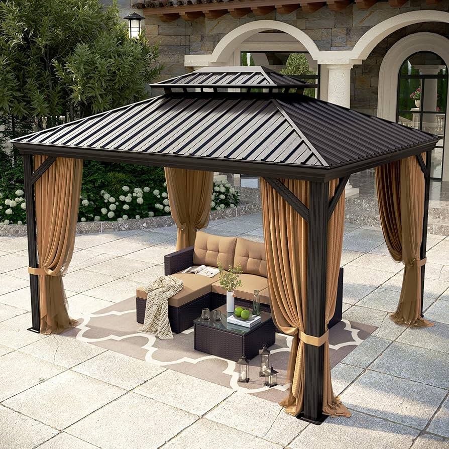 10 X 12ft Hardtop Gazebo with Nettings and Curtains, Heavy Duty Double Roof Galvanized Steel, Out... | Amazon (US)