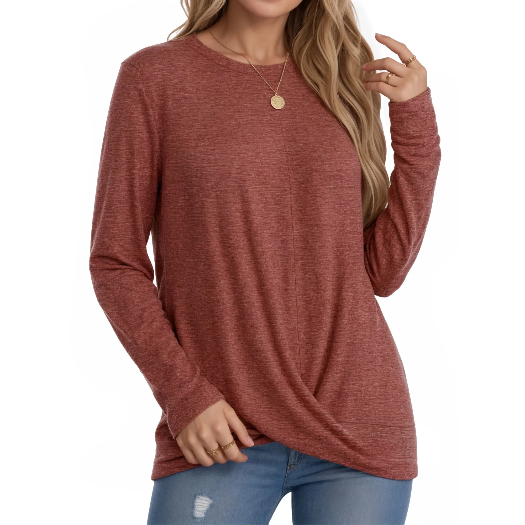 OALUXE Long Sleeve Shirts for Women Dressy Casual Tunic Tops Crewneck Front Twist Blouses | Walmart (US)