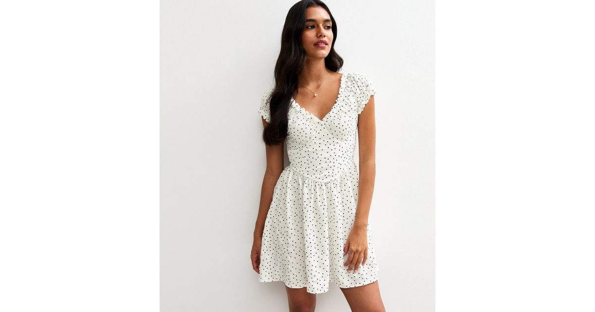 White Polka Dot Frilly Trim Micro Mini Dress | New Look | New Look (UK)